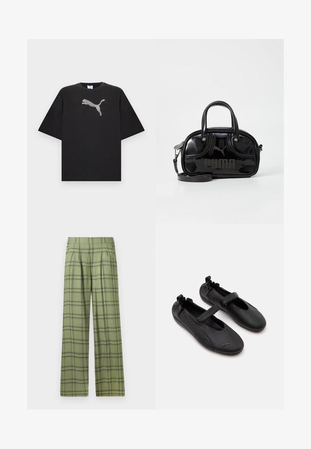 Camiseta negra de gran tamaño con mangas cortas, que presenta un gran logo blanco de Puma en el centro del frente.; Pantalones de pierna ancha en verde con un patrón de cuadros en negro, cintura alta, pliegues frontales y bolsillos laterales.; Par de zapatos estilo Mary Jane de cuero negro con parte trasera elástica y correa de velcro, con un sutil logo de Puma en cada punta.; Bolso de mano de charol negro con dos asas superiores, correa para el hombro desmontable, forma redondeada y destacado logo en relieve de "PUMA".