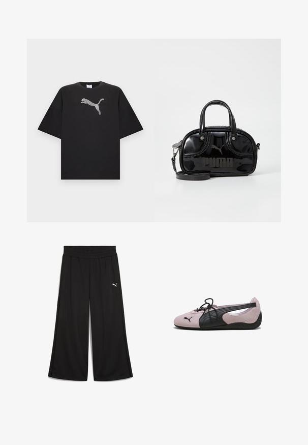 Sort oversized T-shirt med korte ærmer, der har en stor hvid Puma-logo i midten foran.; Sorte sportbukser med elastisk talje, sidelukninger med knapper og en hvid Puma-logo på forsiden. Fremstillet af letvægtigt stof.; Lys rosa og sort Puma blød sål sko med åben sidelåsning og sorte snørrebånd, set fra siden på hvid baggrund.; Sort lakeret håndtaske med dobbelte top-håndtag, aftagelig skulderrem, rund form og et fremtrædende præget "PUMA"-logo.