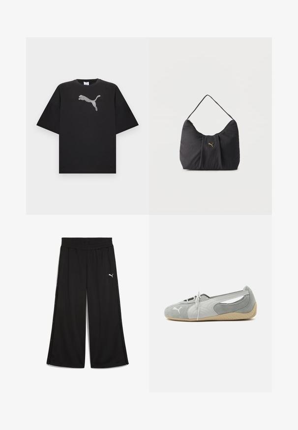 T-shirt noir oversize à manches courtes, avec un grand logo Puma blanc au centre devant.; Pantalon de sport noir avec une taille élastique, boutons-pression sur les côtés et logo Puma blanc à l'avant. Fabriqué en tissu léger.; Chaussure plate en daim Puma gris clair avec logo blanc, lacets à l'avant, côtés découpés et semelle beige texturée, vue du côté extérieur.; Sac bandoulière noir texturé avec plis, une seule poignée, et un petit logo Puma doré centré sur le devant.