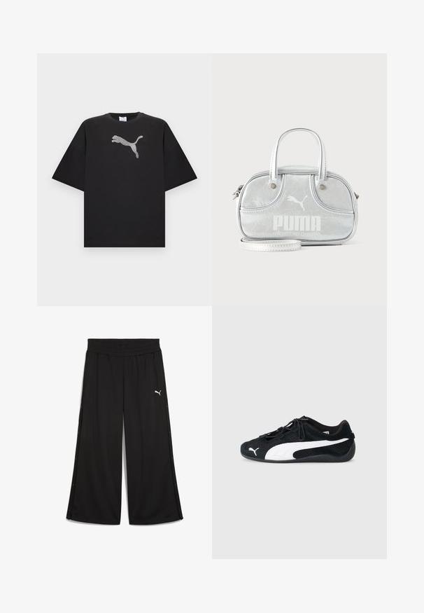 T-shirt noir oversize à manches courtes, avec un grand logo Puma blanc au centre devant.; Pantalon de sport noir avec une taille élastique, boutons-pression sur les côtés et logo Puma blanc à l'avant. Fabriqué en tissu léger.; Chaussures de sport noires en matériau mesh et suède, avec un logo Puma blanc, des lacets élastiques et une semelle en caoutchouc texturée.; Petit sac à main Puma argent métallisé avec deux poignées supérieures, une longue bandoulière, logo sur le devant et fermeture zippée sur fond uni clair.