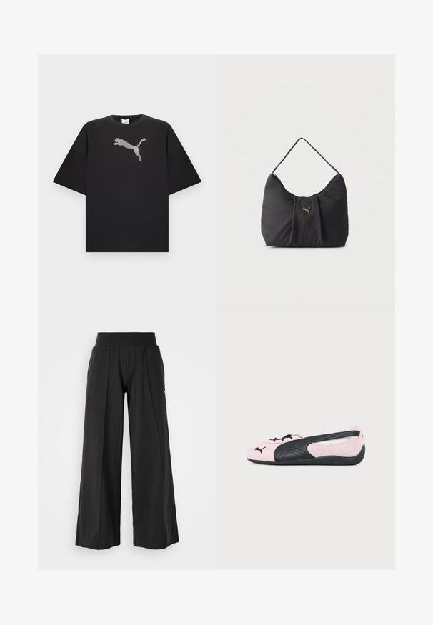 Camiseta negra de gran tamaño con mangas cortas, que presenta un gran logo blanco de Puma en el centro del frente.; Pantalones de pierna ancha negros con una tela texturizada, cintura elástica y detalle del logo de PUMA. Diseño simple con un ajuste casual.; Bailarina Puma de color rosa claro y negro con logo negro en la puntera y suela texturizada, mostrada de perfil lateral sobre fondo liso.; Bolso de hombro negro con textura, pliegues, un solo asa y un pequeño logo dorado de Puma centrado en la parte frontal.