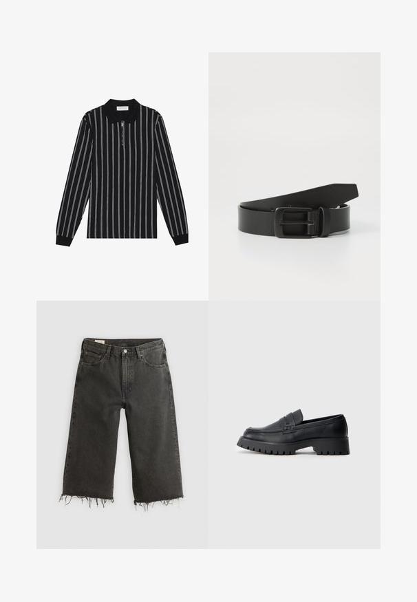 Langærmet polo skjorte i sort med hvide lodrette striber, med en lynlåsekrave og struktureret stof. Accentueret med ribbede manchetter.; Sorte jeans med rå kant og vid ben, lavet af denim, og med fem lommer samt metalknaplukning. Texturen er en smule grov.; Sorte læder loafers med en rund tå, prydet med en dekorativ rem og en kraftig gummisål med dybe riller for grip.; Sort læderbælte med spænde i mat sort metal, der har en glat tekstur og enkelt design. Justerbar længde med en tilspidset ende.