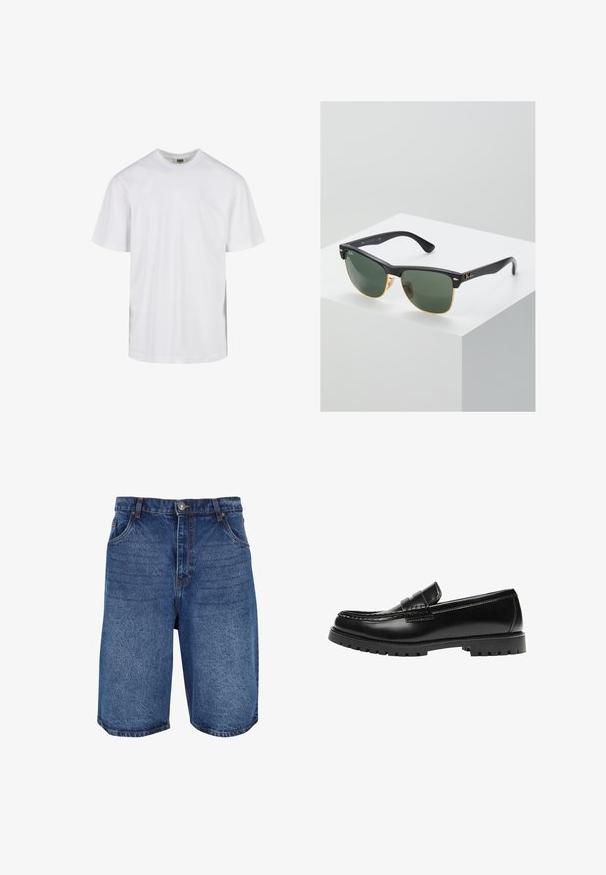 Schlichtes weißes T-Shirt mit kurzen Ärmeln und Rundhalsausschnitt in entspannter Passform, vor weißem Hintergrund dargestellt.; Denim-Shorts in mittlerem Blau mit klassischem Design, fünf Taschen und einem Reißverschluss mit Knopfverschluss. Grobe Struktur und gerader Schnitt.; Schwarzer Leder-Slipper mit dicker Gummisohle und klassischem Penny-Detail an der Riemen, von der Außenseite gezeigt.; Ray-Ban Sonnenbrillen mit grünen Gläsern, schwarzen Kunststoffrahmen und goldenen Akzenten an den Rändern. Quadratische Form mit matter Oberfläche.