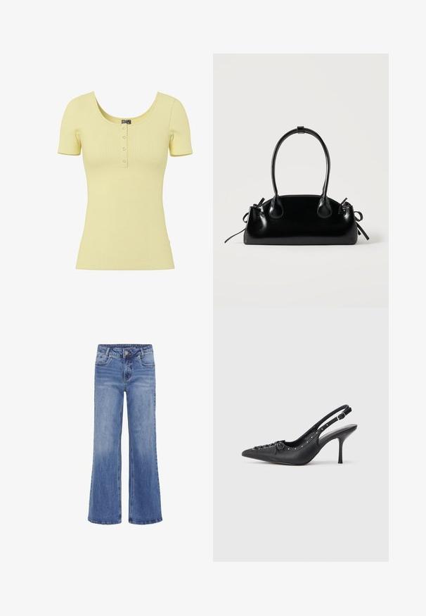 Lysegul ribbet kortærmet top med rund halsudskæring og fire små sølvfarvede trykknapper midt foran.; My Essential Wardrobe MWLOUIS HIGH WIDE - Jeans Straight Leg - medium blue wash; Sorte læder slingback stiletto med spids tå, side spændebånd, nitter langs kanten og dekorativ snøring foran.; Lille sort blank håndtaske med to lange håndtag og snøre-detaljer i siden på en ensfarvet lys baggrund.
