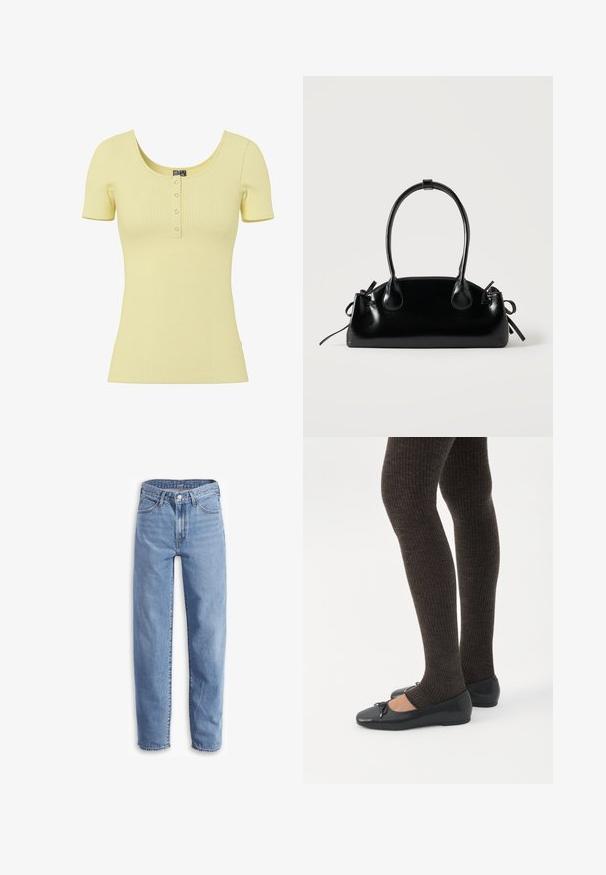 Lysegul ribbet kortærmet top med rund halsudskæring og fire små sølvfarvede trykknapper midt foran.; Lys blå jeans lavet af denim, med en afslappet pasform, lige ben, fem-lomme design og flagrende kanter for et uformelt look.; Ben iført mørke ribbede leggings kombineret med sorte balletsko med små sløjfedetaljer på hvid baggrund.; Lille sort blank håndtaske med to lange håndtag og snøre-detaljer i siden på en ensfarvet lys baggrund.
