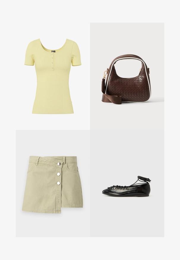 Haut jaune clair côtelé à manches courtes avec encolure dégagée et quatre petits boutons-pression argentés au centre devant.; Jupe portefeuille en jean beige avec boutons-pression argentés à l'avant et passants pour ceinture, présentant un léger chevauchement sur le côté droit avant.; Ballerines en cuir verni noir avec un bout rond, un design à lacets et une semelle plate. Texture lisse avec peu de détails.; Sac à main en cuir tressé marron avec passepoil blanc, fermeture éclair dorée et bandoulière amovible en tissu marron.