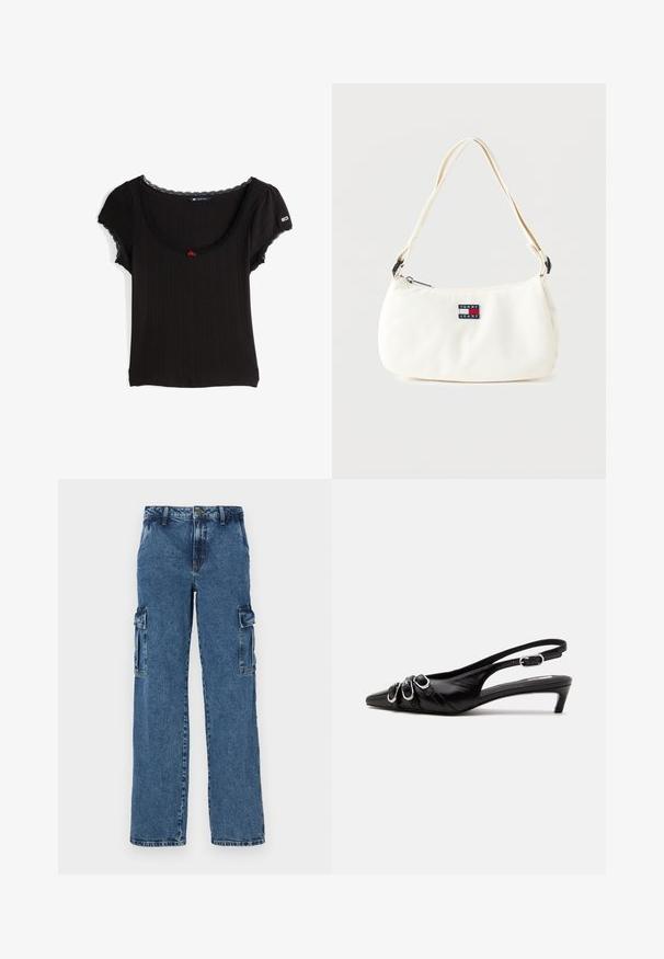 Top negro de manga corta con diseño acanalado, escote redondeado, detalles de encaje y una pequeña flor roja en el centro.; Pantalones cargo de denim azul con un ajuste relajado, que cuentan con dos bolsillos laterales, costuras reforzadas y un diseño de pierna recta.; Zapato slingback de cuero negro con punta puntiaguda, tres hebillas plateadas en la parte delantera y tacón bajo tipo «kitten» sobre fondo blanco.; Bolso blanco de hombro con correa ajustable y parche con el logo de Tommy Jeans en la parte delantera, sobre un fondo liso.