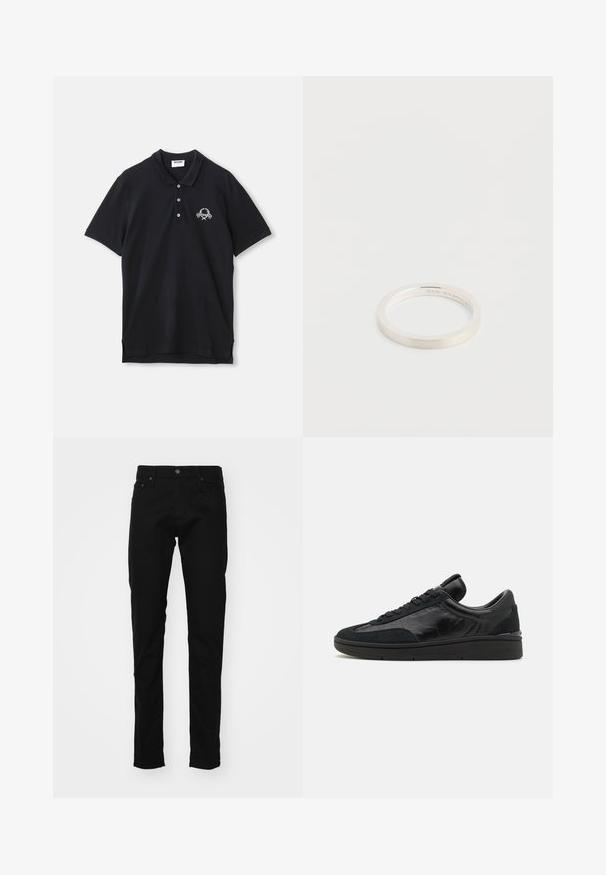 Schwarzes Poloshirt aus Baumwolle, mit einer Knopfleiste mit drei Knöpfen, kurzen Ärmeln und einem dekorativen gestickten Logo auf der Brust.; Schwarze Denim-Jeans im Slim-Fit mit einem klassischen Fünf-Taschen-Design, Metallknopf und genähten Details an den Taschen.; Schwarze Sneaker aus einer Kombination von glattem Leder und Wildleder, mit runder Spitze, flacher Sohle, Schnürverschluss und gepolstertem Kragen für zusätzlichen Komfort.; Silberner Ring mit einer glatten, polierten Oberfläche. Er hat ein dünnes, abgerundetes Band und gravierte Details auf der Innenseite. Einfaches und minimalistisches Design.