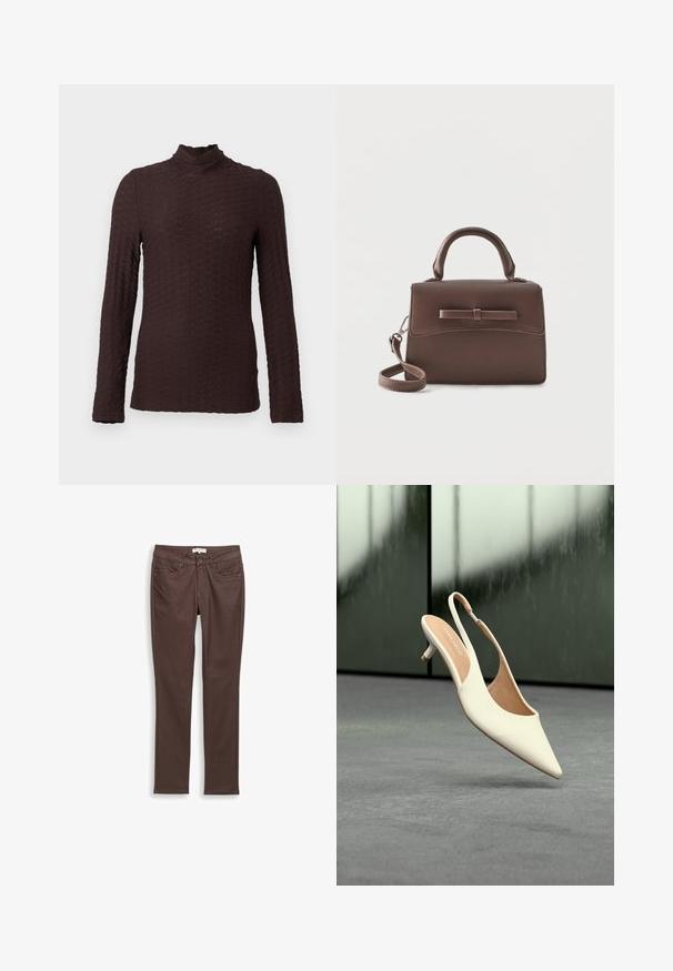 Haut à col roulé texturé marron foncé à manches longues avec un motif géométrique subtil, présenté sur un fond clair uni.; Pantalons slim fit marron foncé avec poches avant, passants de ceinture et fermeture à deux boutons sur fond blanc.; Chaussure femme beige à bout pointu avec bride arrière et petit talon kitten, flottant au-dessus d'un sol gris sur fond sombre flou.; Petit sac à main en cuir marron avec poignée supérieure, bandoulière amovible et rabat avant accentué par une bande horizontale en cuir.