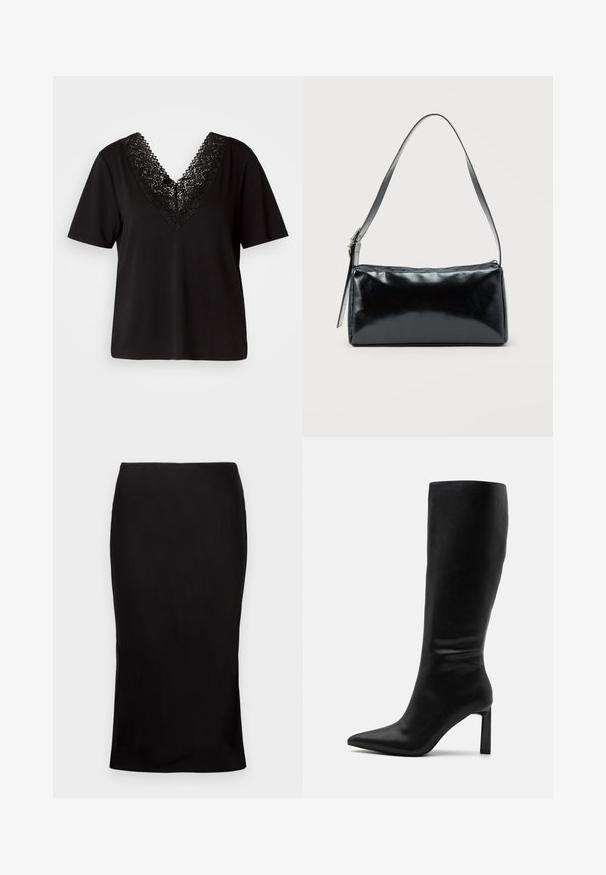 Vero Moda VMJUNE - T-shirts print - black; Sort, tætsiddende midi-nederdel med en glat tekstur, detaljer med sideslids og en klassisk talje. Designet til en elegant silhuet.; Even&Odd by Zalando Høje støvler/ Støvler - black; Sort rektangulær skuldertaske med en enkelt justerbar rem og lynlås i toppen på en ensfarvet baggrund.