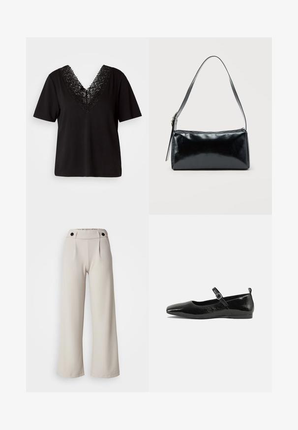 Vero Moda VMJUNE - T-shirts print - black; Plisserede bukser med vidde i lys beige stof med en glat tekstur, der har en samlet talje og to sorte knapper i taljen.; Sorte patentlæder flade sko med spidse tæer, en ankelrem med spænde og en glat, blank tekstur. Lav hæl for komfort.; Sort rektangulær skuldertaske med en enkelt justerbar rem og lynlås i toppen på en ensfarvet baggrund.