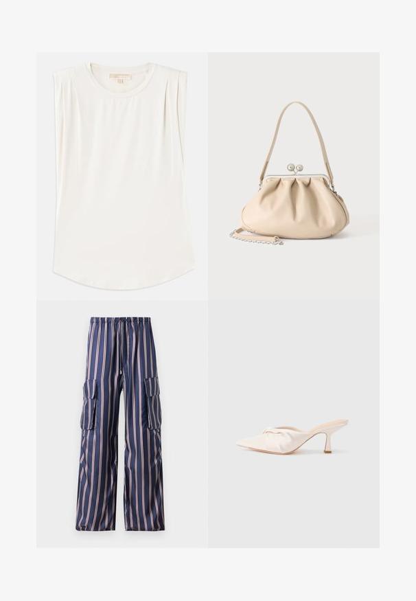 Top blanco sin mangas de tela suave, con escote redondo y sutiles pliegues en los hombros, con un dobladillo curvado.; Pantalones cargo de rayas marino, fabricados en un tejido suave, con cinturilla elástica, bolsillos laterales y diseño de pierna ancha con rayas contrastantes.; Zapato mule de tela beige claro con un diseño anudado en la parte delantera, punta afilada y un tacón delgado y estrecho. Textura suave en general.; Bolso de mano de cuero suave beige con cierre de marco metálico plateado, una correa para el hombro y una correa de cadena opcional sobre un fondo blanco.