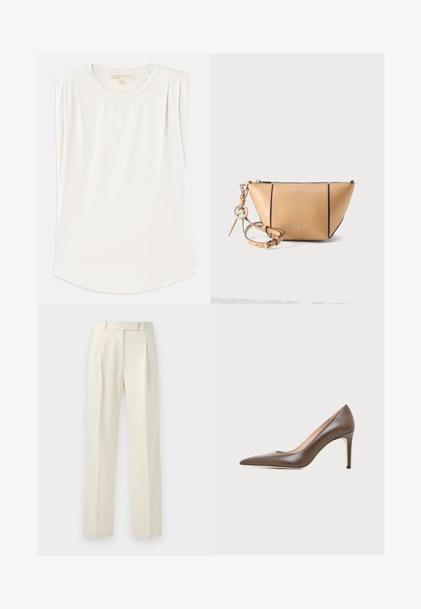 Top blanco sin mangas de tela suave, con escote redondo y sutiles pliegues en los hombros, con un dobladillo curvado.; Pantalones de color crema con un corte ajustado, que presentan un frente plano, pliegues y piernas rectas, hechos de una tela suave y texturizada.; Zapato de tacón alto de piel marrón con puntera puntiaguda, tacón de aguja estrecho y acabado suave sobre un fondo claro.; Bolso bandolera de cuero color canela de Michael Kors con cierre de cremallera, borde negro y correa desmontable con charm de logo.