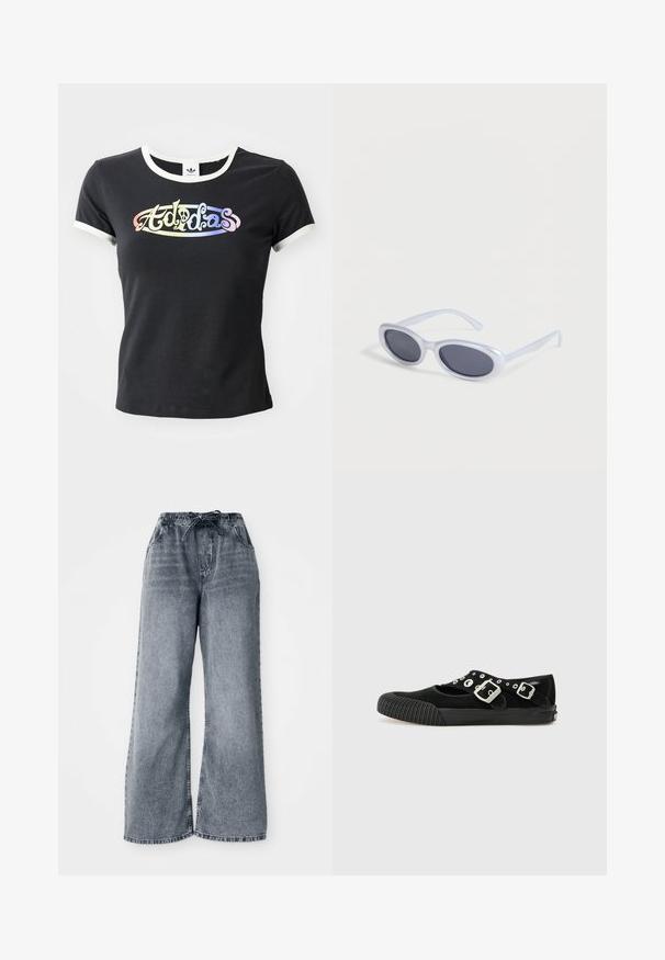 Schwarzes Baumwoll-T-Shirt mit weißem, geripptem Kragen und Ärmeln. Auf der Vorderseite befindet sich ein farbenfrohes, stilisiertes "Adidas"-Logo.; Graue weit geschnittene Jeanshose aus Denim mit elastischem Bund, Kordelzugverschluss und Seitentaschen. Ausgeblichener Stoff mit durchgehendem Texturmuster.; Vans MARY JANE - Klassischer Ballerina - black; Ovale Sonnenbrille mit weißem Rahmen und dunkel getönten Gläsern, die auf einer weißen Oberfläche liegen.