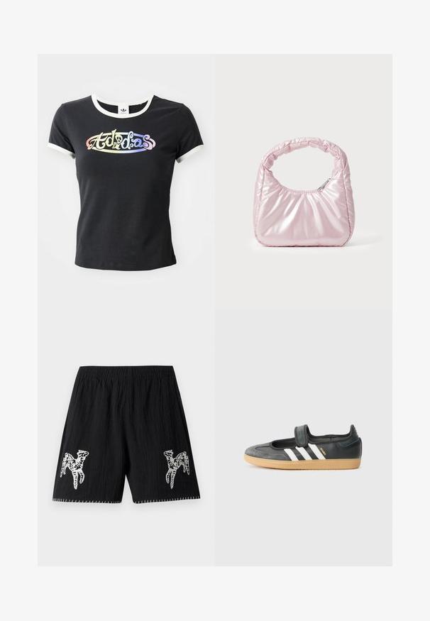 Camiseta de algodón negra con cuello y mangas de canalé blancas. Presenta un logotipo "Adidas" colorido y estilizado en la parte frontal.; Pantalones cortos negros con tejido texturizado; presenta un diseño bordado en blanco en ambas piernas y costuras en contraste a lo largo del dobladillo. Cintura elástica.; Zapatilla de deporte de cuero negro y ante con una correa de Velcro, que presenta tres rayas blancas y una suela de goma, etiquetada "SAMBA" en el lateral.; Bolso de mano acolchado en color rosa con un diseño redondeado, fabricado en material brillante. Presenta un asa fruncida y un cierre de cremallera para un acceso seguro.