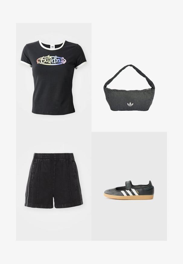 Čierne bavlnené tričko s bielym rebrovaným golierom a rukávmi. Obsahuje farebný, stylizovaný logotyp "Adidas" na prednej strane.; Čierne denimové šortky s elastickým pásom, bočnými zipsovými vreckami a kontrastnými bočnými pruhmi. Štruktúra s opotrebovaným efektom a dĺžka nad kolená.; Čierne kožené a zamšové tenisky s Velcro pásikom, s tromi bielymi pruhmi a gumenou podrážkou, označené nápisom "SAMBA" na boku.; Tmavomodrá tmavosivá taška cez rameno vyrobená z textúrovanej látky, s uzatváraním na zips a vyšívaným logom na prednej strane. Dlhý, zaoblený popruh.