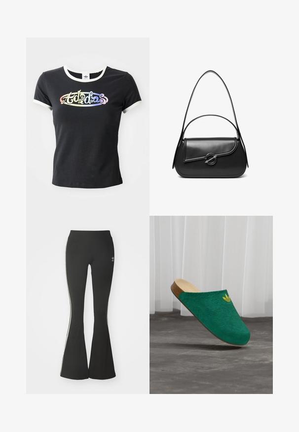Sort bomulds T-shirt med hvid ribbet krave og ærmer. Har et farverigt, stiliseret "Adidas" logo på forsiden.; Sorte flared leggings lavet af strækstof, med en høj talje og hvide sidestreger. Inkluderer lille logo ved taljen.; Grøn ruskindssko uden snørebånd med blomstertekstur, tanfarvet indersål og brun gummisål. Har en gul logoaccent på oversiden.; Sort skuldertaske i læder med en buet klap, der er fastgjort med en rund metal spænde, og en slank, justerbar rem.