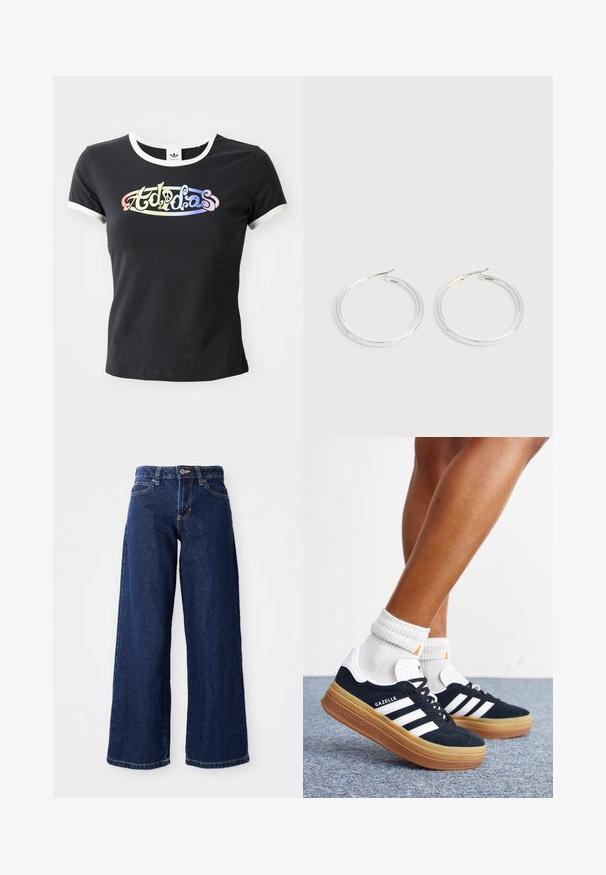 Čierne bavlnené tričko s bielym rebrovaným golierom a rukávmi. Obsahuje farebný, stylizovaný logotyp "Adidas" na prednej strane.; Tmavomodré široké džínsy vyrobené z denimu, s uzáverom na gombík a zips, pútkami na opasok a klasickým dizajnom s piatimi vreckami.; Nohy v bielych ponožkách a čiernych teniskách Adidas Gazelle s bielymi pruhmi a hrubými hnedými podrážkami na sivom koberci.; Pár lesklých strieborných kruhových náušníc s tenkými drôtenými zapínaniami, zobrazených na svetlo šedom pozadí.