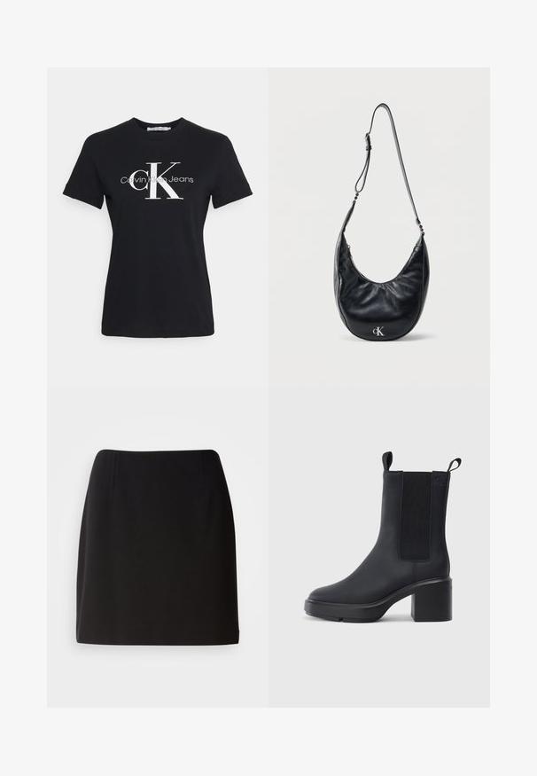 Schwarzes Baumwoll-T-Shirt mit kurzen Ärmeln, auf der Vorderseite mit einem weißen "CK"-Logo und dem Text "Calvin Klein Jeans" in einer modernen Schriftart versehen.; Schwarzer Rock mit einer figurbetonten Silhouette, aus glattem Stoff gefertigt. Verfügt über subtile vordere Falten und ein Design bis zur Mitte des Oberschenkels.; Schwarze Knöchelstiefel aus glattem Gummi-Material, mit elastischen Seitenpaneelen, Blockabsatz und Zugschlaufen oben für ein einfaches Anziehen.; Schwarze, halbmondförmige Lederschultertasche mit verstellbarem Riemen und silbernem "cK"-Logo auf der Vorderseite, vor einem schlichten weißen Hintergrund.