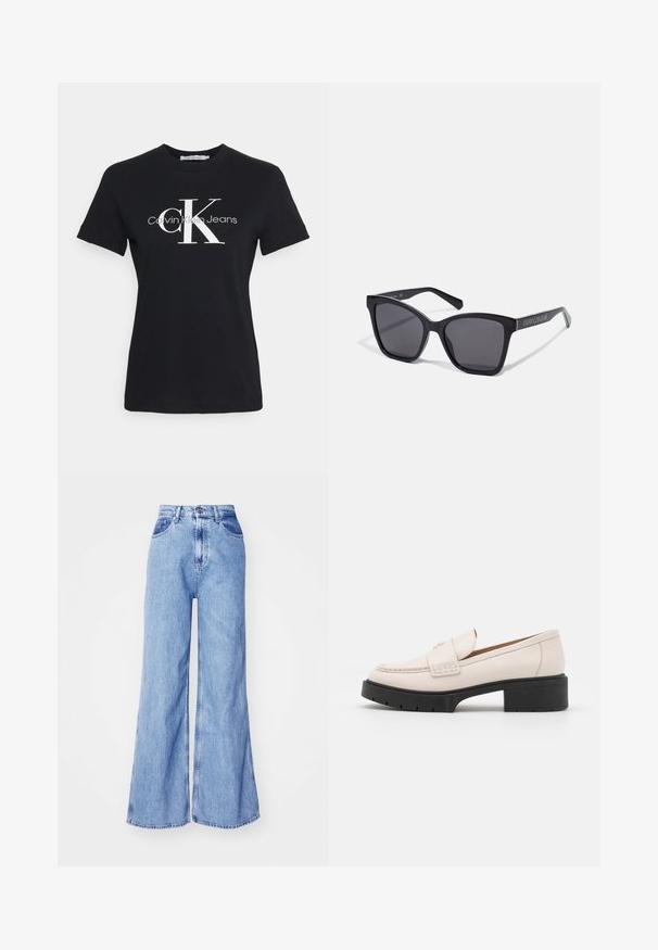 Zwarte katoenen t-shirt met korte mouwen, met op de voorkant een wit "CK" logo en de tekst "Calvin Klein Jeans" in een modern lettertype.; Lichtblauwe wijde denim jeans met een hoge taille, voorzakken en gestikte naden. De stof heeft een lichte textuur die typisch is voor denim.; Lichtbeige leren loafers met een gestikte voorkant en een textuur met een zwarte plateauhak. Beschikt over een gebogen ontwerp en een lichte verhoging.; Zwarte rechthoekige zonnebril met donkere lenzen en glanzende montuur. Voorzien van zilveren branding aan de zijkant. Vierkante vorm met stevige pootjes.