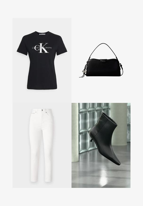 Čierne bavlnené tričko s krátkymi rukávmi, s bielym logom "CK" a textom "Calvin Klein Jeans" v modernom písme na prednej strane.; Biele džíny z denimu s vysokým pásom, zúženými nohavicami a štýlom s piatimi vreckami. S metalovým gombíkom a nitmi, hladká textúra.; Čierna kožená členková čižma so špicatou špičkou a nízkym kitten podpätkom, zobrazená šikmo na pozadí leštenej podlahy a steny zo sklenených blokov.; Čierna obdĺžniková kabelka Calvin Klein s jedným horným remienkom, strieborným logom príveskom a malým preklopeným zapínaním na prednej strane.