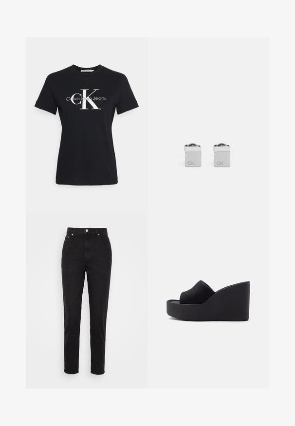 Čierne bavlnené tričko s krátkymi rukávmi, s bielym logom "CK" a textom "Calvin Klein Jeans" v modernom písme na prednej strane.; Čierne vysoké slim-fit džínsy so zapínaním na gombík vpredu, pútkami na opasok a dizajnom s piatimi vreckami na bielom pozadí.; Čierna platformová šmykľavá sandála na klinovom podpätku so zatvorenou špičkou a látkovým zvrškom na vysokom, pevnom podklade na svetlom jednoduchom pozadí.; Strieborné štvorcové manžetové gombíky s lesklým povrchom, na jednej strane s gravírovanými písmenami "CK" a s oblým detailom na vrchu.