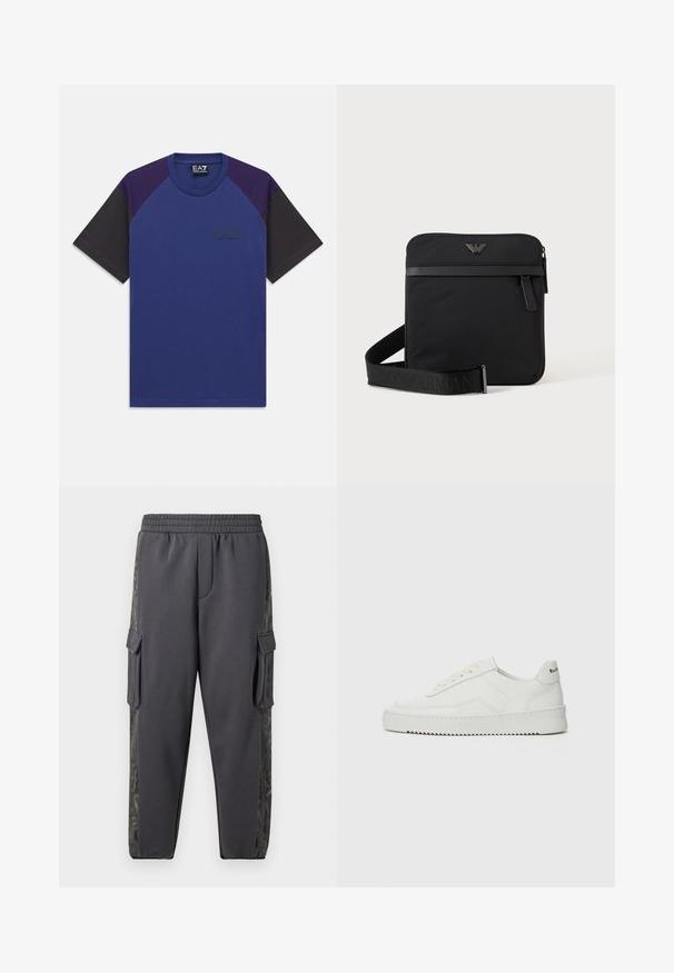 Kortærmet t-shirt med rund hals, mørkeblå front, lilla skuldre, sorte ærmer og lille EA7 Emporio Armani logo på brystet.; Grå joggebukser lavet af et blødt stof, med cargo-lommer og et mønstret sidepanel for ekstra detaljer. Elastisk talje inkluderet.; Hvide lædersneakers med en glat overflade, rund tå, flade snørebånd og en tekstureret sål. Har et diskret logo på hælen.; Sort firkantet skuldertaske med lynlås, frontlomme og justerbar rem med præget brandnavn.