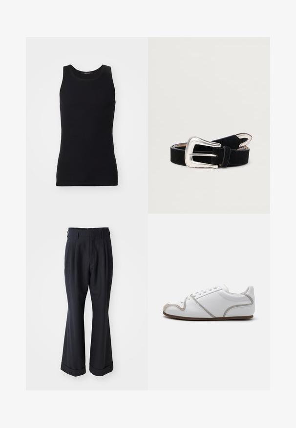 Schwarzes Tanktop aus einem glatten, dehnbaren Material. Verfügt über einen runden Halsausschnitt und keine Ärmel, mit einer engen Passform und einfachem Design.; Schwarze, maßgeschneiderte Hosen mit lockerer Passform, gefaltetem Vorderteil und weitem Bein. Mit einem umgeschlagenen Saum und glattem Stoffgefühl.; Weiße Sneaker mit einem Obermaterial aus glattem Leder, grauen Suede-Akzenten und einem schlichten Schnürdesign. Rutschfeste braune Gummisohle; minimalistische Gestaltung.; Schwarzer Wildledergürtel mit einer runden silberfarbenen Metallschnalle und genähten Akzenten. Glatte Oberfläche und verstellbares Design.