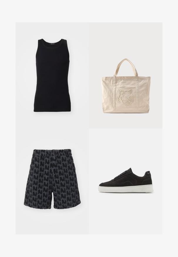 Zwarte tanktop gemaakt van een gladde, rekbare stof. Heeft een ronde halslijn en geen mouwen, met een slim fit en een eenvoudig ontwerp.; Fuzzy zwarte en grijze shorts met een textuurpatroon dat lijkt op de letter "M." Voorzien van een tailleband met een knoop en zijzakken.; Zwarte suède sneakers met een gestructureerde afwerking, voorzien van platte veters en een contrasterende witte rubberen zool met een zigzagpatroon.; Beige canvas tas met dubbele handvatten en een reliëf ontwerp van een wolfskop op het voorvak.