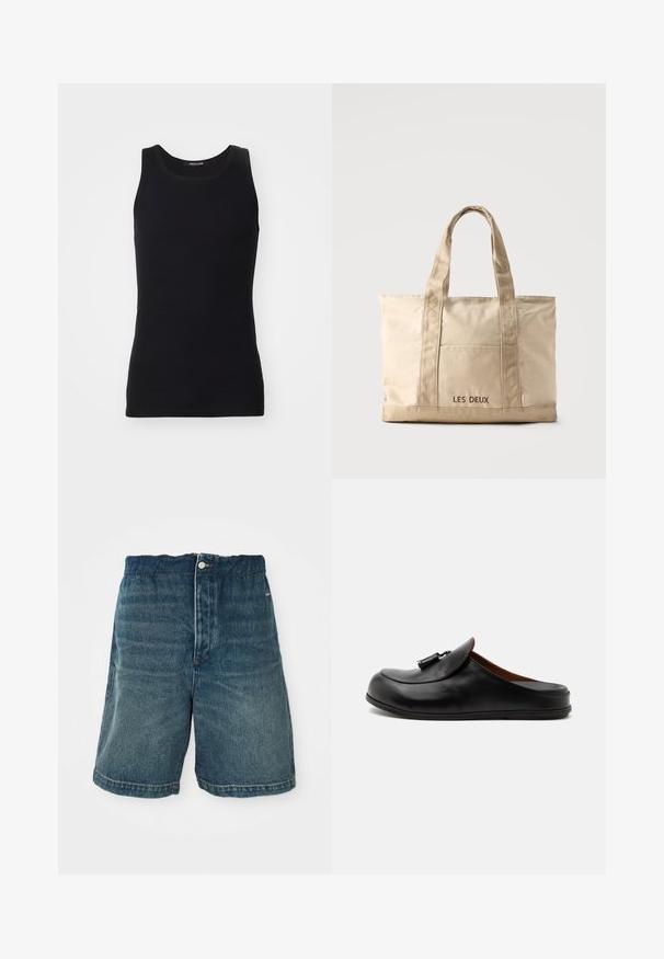 Top de tirantes negro hecho de un material suave y elástico. Presenta un escote redondo y sin mangas, con un corte ajustado y un diseño sencillo.; Pantalones cortos de mezclilla en azul oscuro con un ajuste holgado, que cuentan con un cierre de botón y costuras visibles a lo largo del dobladillo y los bolsillos.; Mocasín negro de cuero sin talón con borlas en la parte superior, mostrado de lado sobre un fondo claro y liso.; Bolsa tote de lona beige con dos asas y bolsillo delantero, "LES DEUX" bordado en el bolsillo.