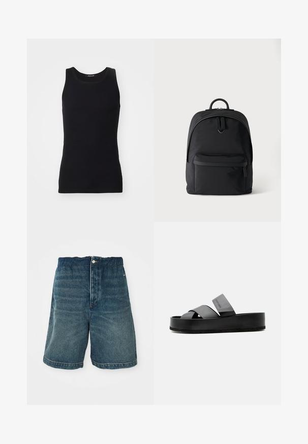 Zwarte tanktop gemaakt van een gladde, rekbare stof. Heeft een ronde halslijn en geen mouwen, met een slim fit en een eenvoudig ontwerp.; Donkerblauwe denimshorts met een losse pasvorm, voorzien van een knoopsluiting en zichtbare stiksels langs de zoom en de zakken.; Zwarte platformslipper met twee brede leren banden die over de voet kruisen en een brede band bij de enkel.; Zwarte rugzak met een voorvak met rits, hoofdvak met dubbele rits en een klein metalen logo onder de hoofdritsgrepen.