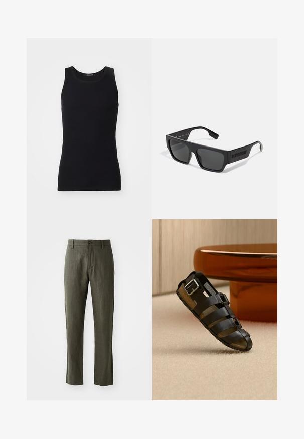 Débardeur noir en matériau lisse et extensible. Doté d'un col rond et sans manches, avec une coupe ajustée et un design simple.; Pantalons en lin vert olive avec une coupe droite, dotés d'une fermeture à bouton à l'avant et de poches latérales. Le tissu a une apparence texturée.; Sandale en cuir noir avec plusieurs brides et une boucle argentée, présentée sur un tapis beige devant une table ronde en bois.; Lunettes de soleil noires avec une forme rectangulaire, finition mate et verres gris. Équipées d'un logo en relief sur les branches. Design classique.