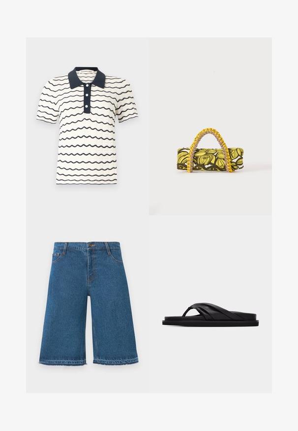 Kort mouwen gebreid polohemd in crèmekleur met marineblauwe golvende strepen, marineblauwe kraag, knoopsluiting en subtiel gestructureerd patroon.; Blauwe denim knielange shorts met rafelige zomen, knop aan de voorkant en zakken op een effen witte achtergrond.; Zwarte platte sandaal met gewatteerde kruisband en teenriemje, minimalistisch ontwerp tegen een effen lichtgrijze achtergrond.; Rechthoekige tas met geel-zwart bloemenpatroon en gevlochten geel-roze handvat op witte achtergrond.