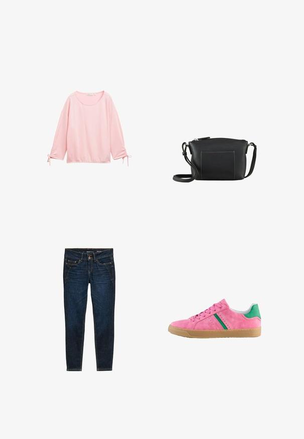 Lyserød langærmet top med en tekstureret, ribbet design. Har en rund halsudskæring og samling ved håndleddene med snører.; Mørkeblå denim jeans med slim fit, der har orange syninger, fem lommer og en knaplukning i taljen.; Lyserød ruskinds sneaker med grøn hælaccent og striber. Har rund tå, snørebånd foran og gummigummi sål. Perforerede detaljer på siderne.; Sort læder crossbody taske med lynlås, en forlommer og en justerbar rem. Glat tekstur med subtile syningsdetaljer.
