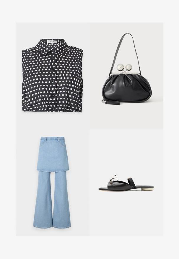 Zwarte mouwloze blouse met witte polkadots, knoopsluiting aan de voorkant en een puntkraag.; Denim rok-broek hybride, met lichtblauwe stof, uitlopende pijpen en zichtbare stikdetails. Ontworpen met voorzakken en een tailleband.; Zwarte leren platte sandaal met een vierkante neus, veterdetail aan de voorkant en een dunne enkelriem op een witte achtergrond.; Zwarte leren handtas met een geplooid ontwerp, een enkele schouderband, zilverkleurige metalen omlijsting en twee grote ronde zilveren sluitingen.