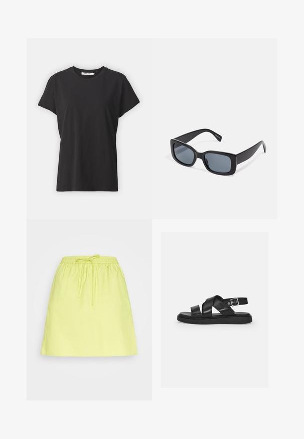 Sort bomulds t-shirt med klassisk rund hals, korte ærmer og afslappet pasform. Glat tekstur, ingen synlige mønstre eller detaljer.; Samsøe Samsøe LUA SKIRT - Mini skirts - acid green; Sorte lædersandaler med krydsende stropper, justerbar ankelspænde, flad sål og minimalistisk design. Glat tekstur med mat finish.; Sorte rektangulære solbriller med mørkt tonede linser, tyk plastramme og brede stænger. Glat overflade og kantet design.
