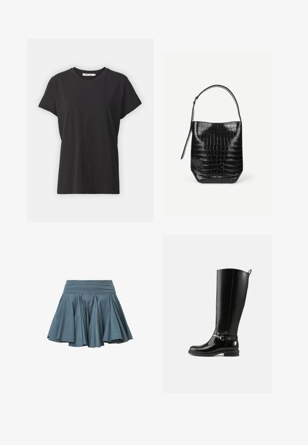 Sort bomulds t-shirt med klassisk rund hals, korte ærmer og afslappet pasform. Glat tekstur, ingen synlige mønstre eller detaljer.; AllSaints TULIP - A-snit nederdel - dark slate blue; Sorte knæhøje støvler lavet af blankt læder med en sølvfarvet spænde ved anklen og rundet snude. Flad sål.; Sort spandtaske i krokodillepræget læder med enkelt skulderrem og lille sølvfarvet mærkelogo foran nederst i midten.