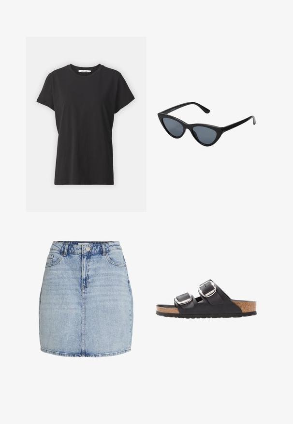Schwarzes Baumwoll-T-Shirt mit klassischem Rundhalsausschnitt, kurzen Ärmeln und lockerer Passform. Glatte Textur, keine sichtbaren Muster oder Akzente.; Hellblaue Jeans-Minirock mit vorderem Knopf- und Reißverschluss, Gürtelschlaufen und vorderen Taschen.; Schwarze Sandale mit zwei verstellbaren Riemen, silbernen Schnallen und einem Korkfußbett auf einer strukturierten schwarzen Gummisohle.; Schwarze Cat-Eye-Sonnenbrille mit dunkelgrauen Gläsern, schlankem Kunststoffrahmen, spitzen Ecken und geraden Bügeln. Keine sichtbaren Befestigungen oder Akzente.
