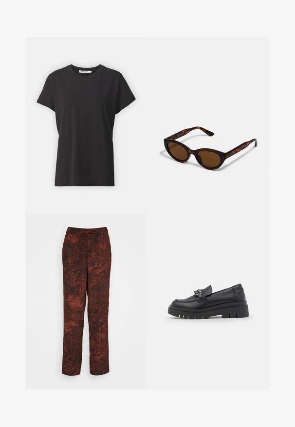 Sort bomulds t-shirt med klassisk rund hals, korte ærmer og afslappet pasform. Glat tekstur, ingen synlige mønstre eller detaljer.; Soaked in Luxury SHIRLEY PANTS - Bukser - brown; Sort loafersko med en kraftig platformsål, glat læderoverdel, dekorativ kædeaccent og let hæl med notched detalje.; Brune skildpadde solbriller med en vintage katteøje-form og brune linser. Har buede arme med røde detaljer.