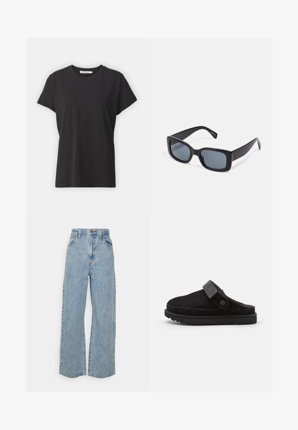 Zwarte katoenen t-shirt met een klassieke ronde hals, korte mouwen en een ontspannen pasvorm. Soepele textuur, geen zichtbare patronen of accenten.; Lichtblauwe wijde denim jeans met hoge taille, sluiting met voorknop en rits, en vijfzakkenontwerp op een effen achtergrond.; Zwarte suède instap klompen met een ronde neuzen, zachte textuur, verstelbare band en een dikke rubberen zool met een patroonprofiel voor grip.; Zwarte rechthoekige zonnebril met donkere getinte lenzen, een dik plastic montuur en brede scharnieren. Glad oppervlak en hoekig ontwerp.