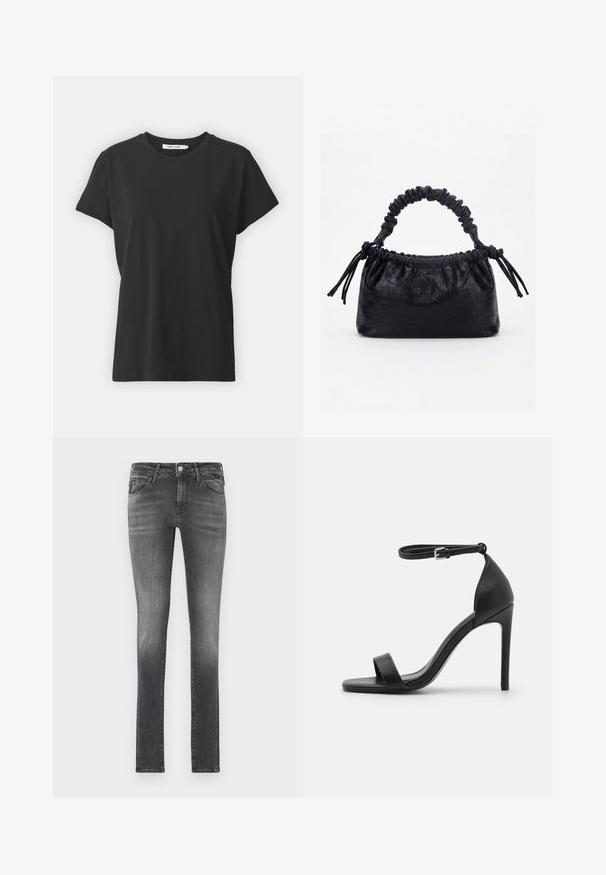 Sort bomulds t-shirt med klassisk rund hals, korte ærmer og afslappet pasform. Glat tekstur, ingen synlige mønstre eller detaljer.; Mørkegrå slim-fit jeans med en slidt finish, lavet af denim, der har fem lommer og en klassisk lynlås med metalknaplukning.; Sort højhælet sandal med et sleek design, der har en ankelrem, åben tå og glat lædertekstur.; Sort taske med krokodilletekstur, rynket øverste kant, samlet hank og snore med kvaster på hver side mod en hvid baggrund.