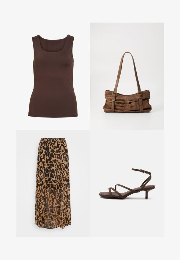 Ærmeløs brun tanktop med firkantet halsudskæring og tætsiddende pasform, vist på en ensfarvet hvid baggrund.; Maxi nederdel i leopardmønster i nuancer af brun og sort, lavet af letvægtsstof med et flydende design og elastisk talje.; Brun højhælet sandal med tynde krydsede stropper og en ankelrem med en sølvspænde på en hvid baggrund.; Even&Odd by Zalando Håndtasker - brown