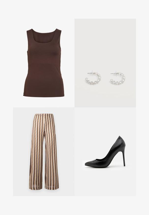 Débardeur marron sans manches avec encolure carrée et coupe ajustée, présenté sur un fond blanc uni.; Pantalon taille haute à jambes larges avec des rayures en zigzag verticales dans des tons de marron, beige et crème, présenté à plat sur un fond blanc.; Escarpin noir en cuir avec un bout pointu et une texture lisse. Dispose d'un talon aiguille fin et d'un décolleté bas.; Boucles d'oreilles anneaux en argent incrustées de cristaux facettés clairs, avec attaches à tige et embouts transparents sur fond blanc.