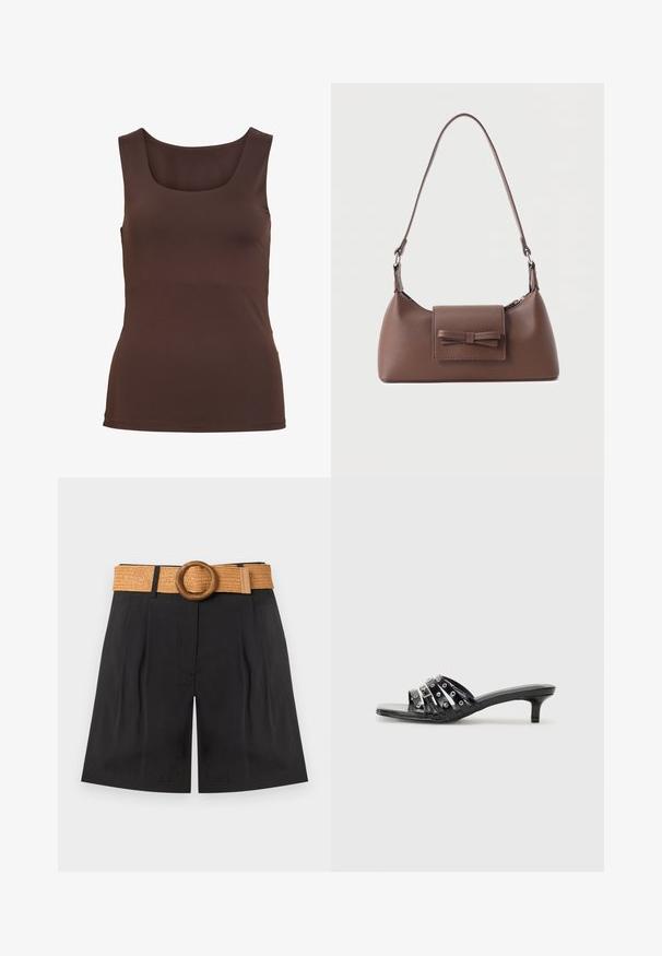 Débardeur marron sans manches avec encolure carrée et coupe ajustée, présenté sur un fond blanc uni.; Short noir taille haute avec plis à l'avant et une large ceinture tissée de couleur fauve avec une grande boucle ronde en bois.; Sandales à talons noires avec plusieurs brides brillantes et des accents métalliques, présentant un bout pointu et des talons kitten discrets. Texture lisse.; Sac à bandoulière en cuir marron avec une poche à rabat avant ornée d'un détail en forme de nœud cousu et une sangle réglable.
