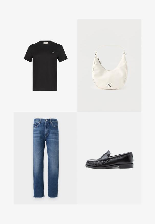 Zwart katoenen T-shirt met een ronde hals, korte mouwen en een klein wit logo op het linkerborstgedeelte. Soepele textuur, standaard pasvorm.; Blauwe denim jeans met een recht gesneden ontwerp, voorzien van een vervaagde afwerking, vijf zakken en een rafelige zoom.; Zwarte leren loafers met een afgeronde neus, kenmerkende stiksels en een decoratieve band over de wreef. Gladde afwerking en lage hak.; Kleine witte handtas in de vorm van een halve maan met een kort hengsel, ritssluiting en zwart "cK" logo aan de voorkant.