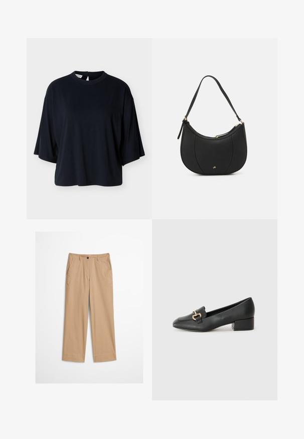 Zwarte oversized kortärmelige blouse met ronde halslijn en knoopsluiting aan de achterkant, afgebeeld op een witte achtergrond.; Beige katoenen broek met rechte pijpen, een knoopsluiting aan de voorkant en een gladde textuur. Voorzien van standaard riemlussen en een platte voorkant.; Zwarte leren loafers met blokhak, een puntige neus en een goudkleurig metalen detail aan de voorkant, voorzien van een gladde textuur en een minimalistisch ontwerp.; Zwarte leren handtas met een gebogen vorm, textuuroppervlak, voornaden en een logo in goudkleur. Beschikt over een enkele verstelbare schouderband.