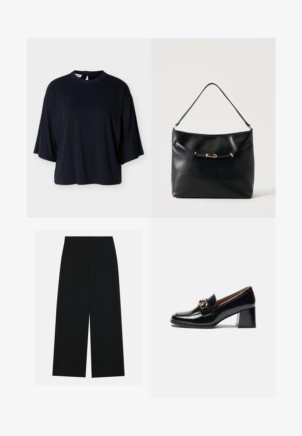 Zwarte oversized kortärmelige blouse met ronde halslijn en knoopsluiting aan de achterkant, afgebeeld op een witte achtergrond.; Zwart, wijde broek van een gladde stof. Heeft een plat tailleband met riemlussen en geen zichtbare zakken. Eenvoudig ontwerp.; Zwarte gepatineerde leren instappers met hak, voorzien van een ronde neus, een chunkier hak en een gouden hardware accent op de voorband.; Zwarte leren schoudertas met een enkele band en een klein gouden gespsdetail aan de voorkant tegen een effen lichte achtergrond.