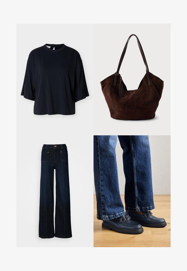 Schwarzes oversized Kurzarmhemd mit rundem Halsausschnitt und Knopfverschluss auf der Rückseite, dargestellt vor weißem Hintergrund.; Weite, dunkelblaue Jeans mit weitem Bein. Verfügt über Fronttaschen, goldenes Zubehör und Kontrastnähte. Glatte Textur mit einem lässigen Design.; Dunkelblaue Leder Schuhe mit einer massiven Sohle und Kettendetails auf dem Obermaterial, kombiniert mit lockeren, dunkelblauen Jeans.; Braune Wildleder-Handtasche mit einer weichen, lässigen Form. Verfügt über Ledergriffe und einen Etikettenakzent. Schlichte Textur mit geschwungenen Nähten.