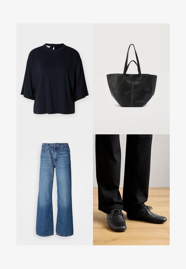 Schwarzes oversized Kurzarmhemd mit rundem Halsausschnitt und Knopfverschluss auf der Rückseite, dargestellt vor weißem Hintergrund.; Helle blaue, weite Jeans aus Denim. Mit hohem Bund, sichtbaren Nähten und einem Bindegürtel. Verwaschene Textur zum unteren Teil hin.; Person, der schwarze klassisch Schuhe und schwarze Hose trägt, steht auf einem hellen Holzboden vor einem schlichten Hintergrund.; Schwarze Ledertasche mit zwei Griffen und kontrastierend weißer Naht, mit einer breiten, strukturierten Form und zentralen Nahtdetails.