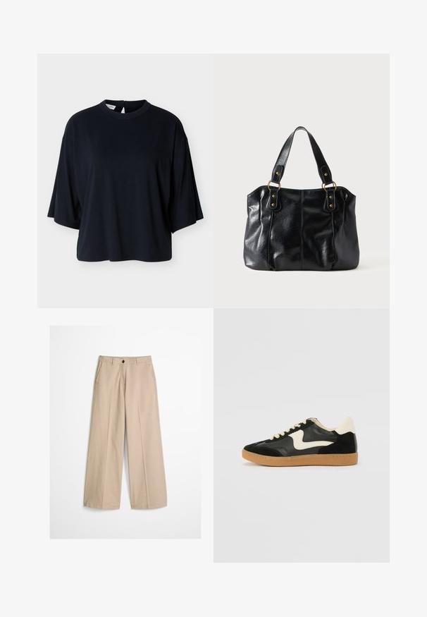 Chemise noire à manches courtes oversize avec col rond et fermeture par bouton dans le dos, présentée sur un fond blanc.; Pantalon beige à jambes larges avec pli frontal, passants pour ceinture, fermeture par bouton et une petite étiquette en tissu sur le côté droit de la ceinture.; Baskets en daim et cuir noir avec un swoosh latéral crème et un talon crème clair. Dotées de lacets beige et d'une semelle en caoutchouc gomme.; Sac à épaule en cuir noir avec double anses attachées par des anneaux et rivets dorés, surface lisse et légèrement brillante, design simple.